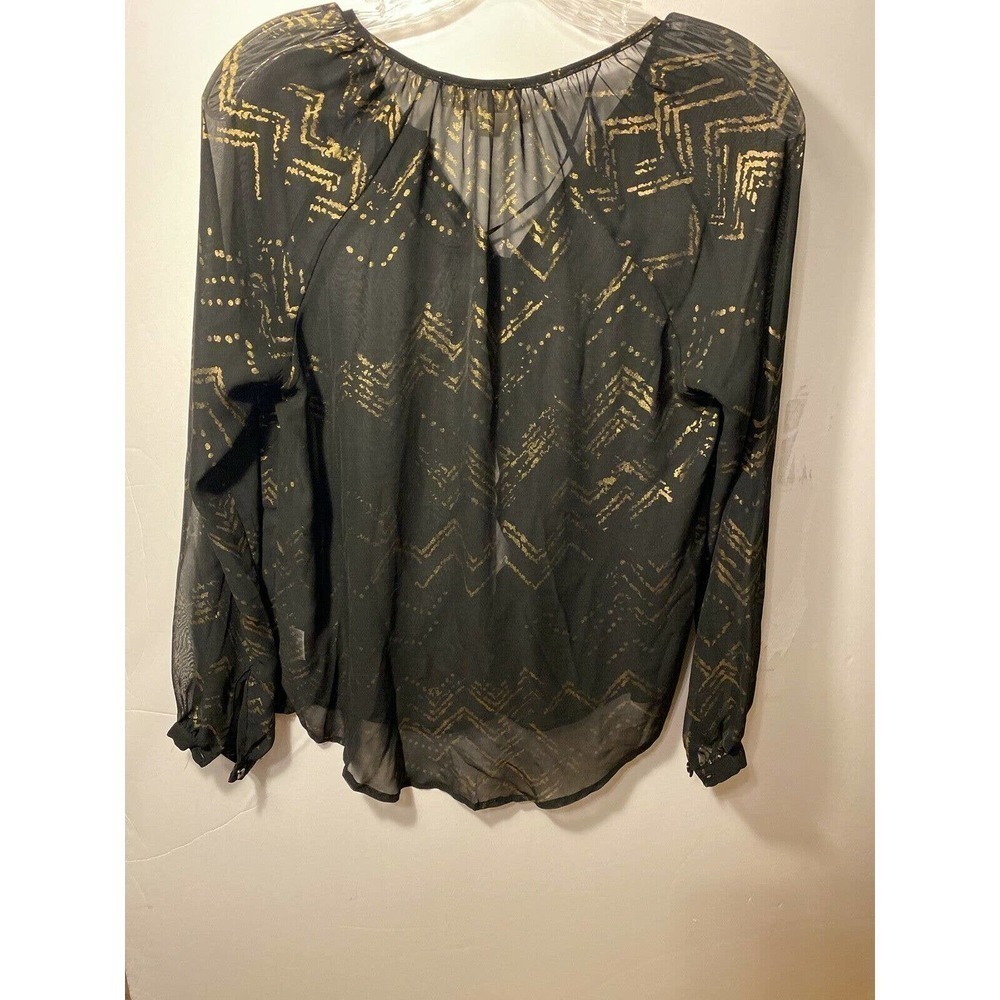 Olive & Oak Button Up Blouse Sheer Long Sleeves XS Black Brown Metallic Pattern - Picture 5 of 7
